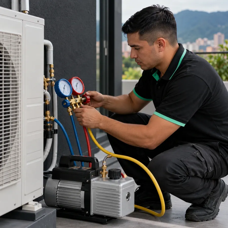 Imagen de referencia: técnico haciendo vacío con manómetros