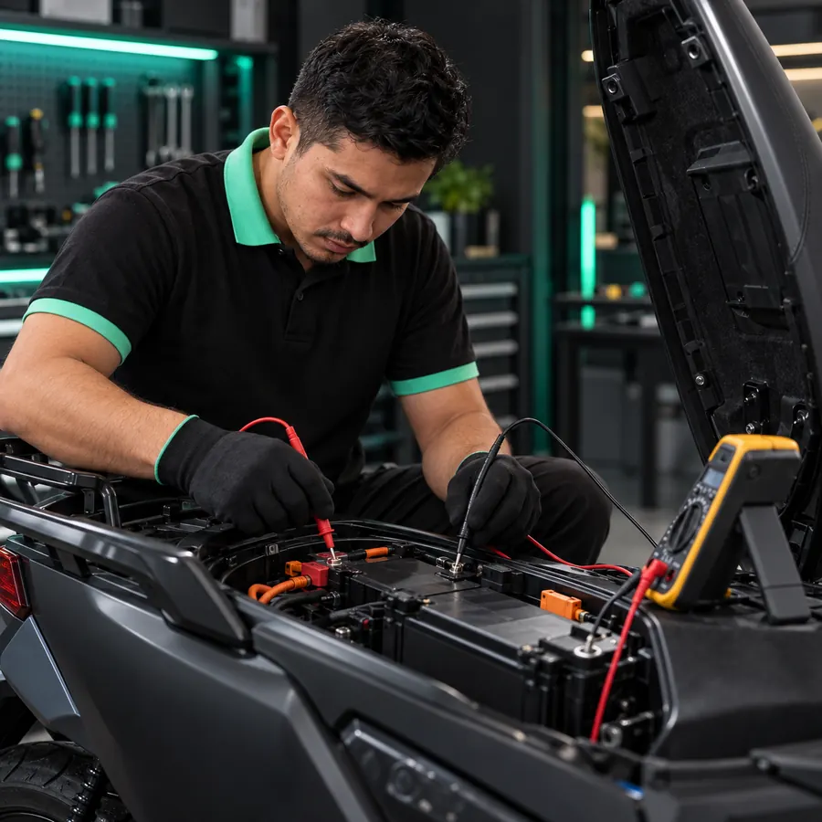 Imagen de referencia: técnico midiendo la batería de una moto eléctrica con multímetro